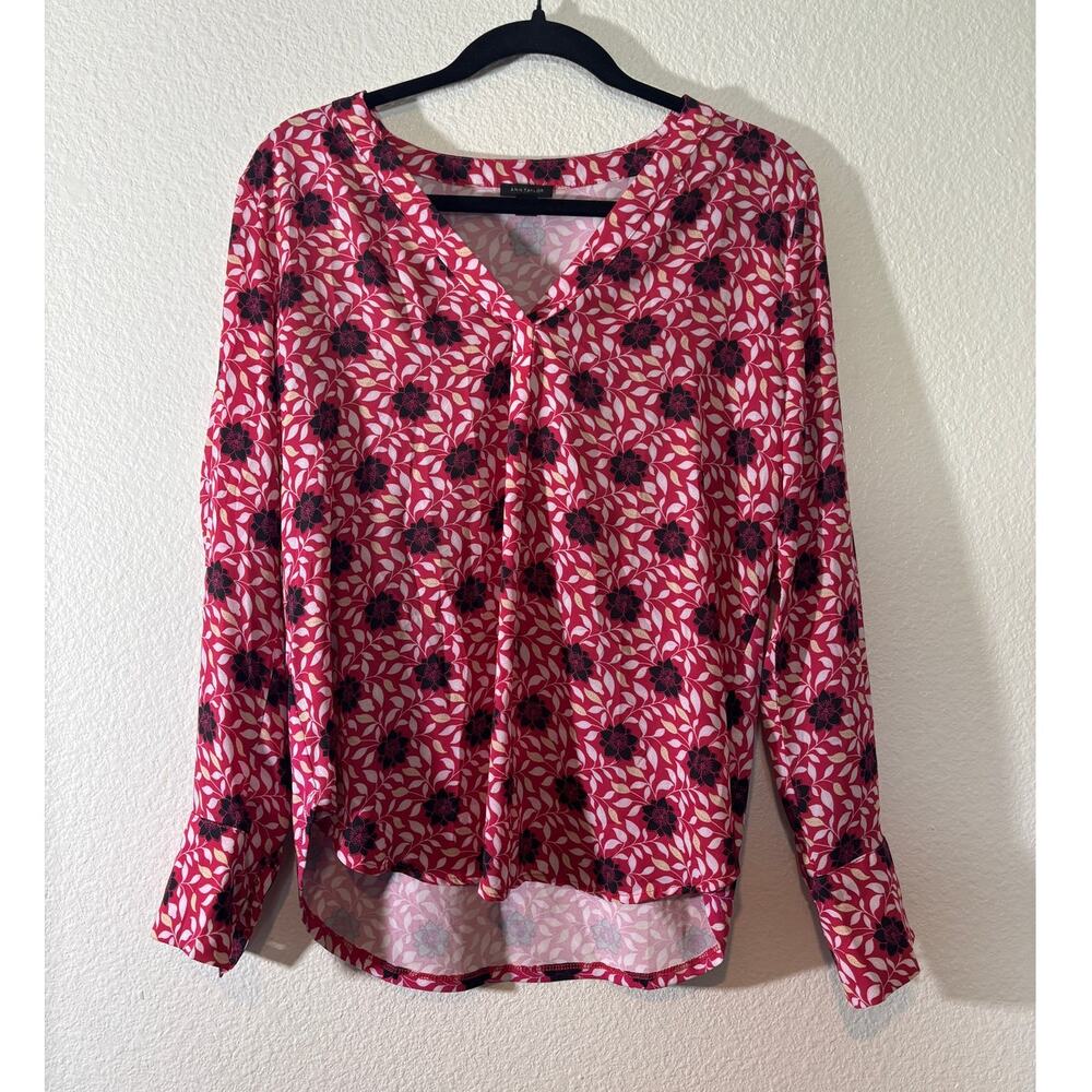Ann Taylor Size S V-Neck Long Sleeve Floral Blouse Top - Magenta Sunset